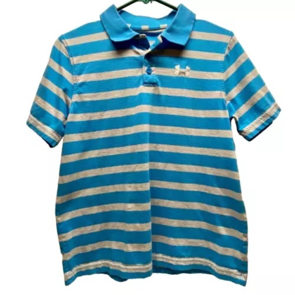 Under Armour UA Heat Gear Youth XL Blue Grey Striped Polo Loose Fit Short Sleeve